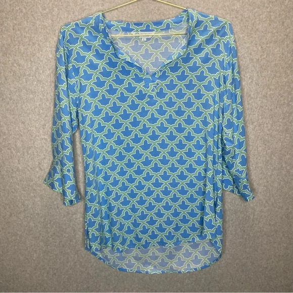Escapada Printed Blue Yellow Notch Neck Pullover Tunic Top - Picture 1 of 6